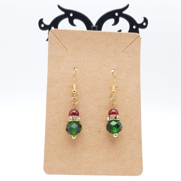 Hand Crafted Jewelry - Christmas Holiday Red Green White on Gold Drop Earrings Handmade Jewelry